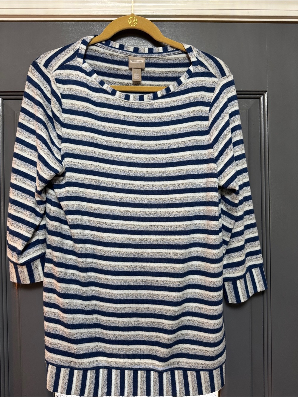 Chico's Navy & White Stripe Three-Quarter Sleeve Sweater